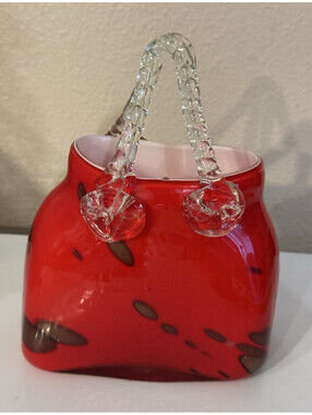 Red Art Glass Decorative Handled Basket Clear Handle Spots Rectangle 8in